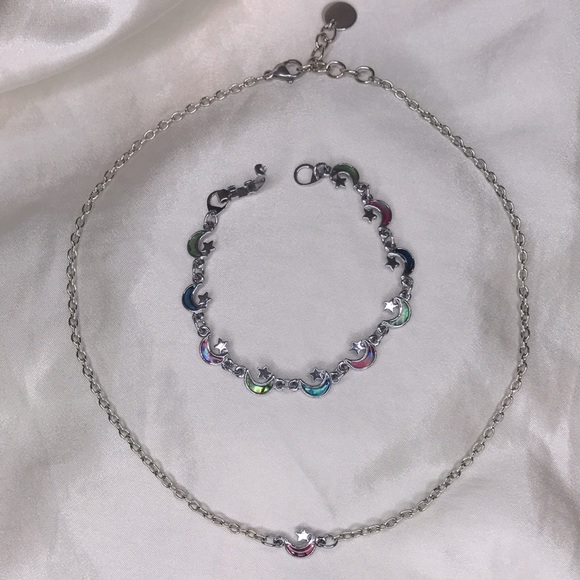 Galactic Star and Moon Abalone Shell Necklace and Bracelet Set - Picture 6 of 10